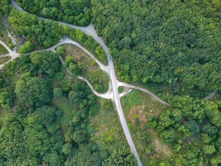The road in the forest from the height of the droneの写真素材
