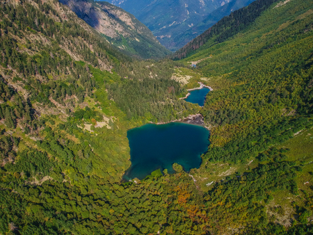 Baduk lakes from the height of the quadrocopter in summer, Alpine lakes among the mountains with forestの写真素材