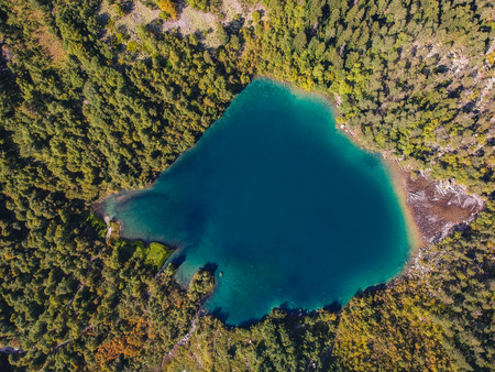 Baduk lakes from the height of the quadrocopter in summer, Alpine lakes among the mountains with forestの写真素材