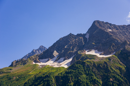 Peaks of mountains in the neighborhood of Dombai. Caucasus Mountains summer, clear day from the forest.の写真素材