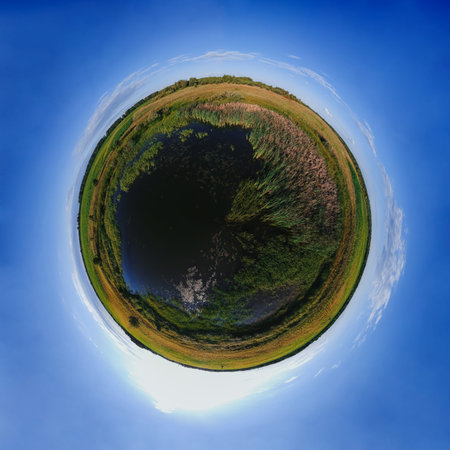 Spherical Panorama of the pond corn field from a height