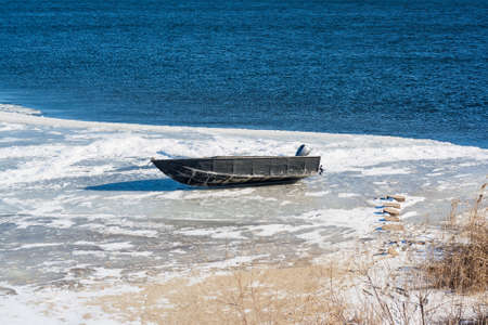 Motorboat on iceの写真素材