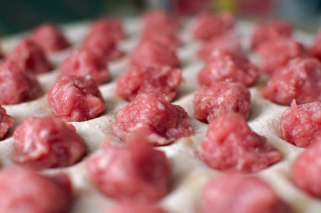 Meat balls laying on the rolled out dough. Potstickers cooking.の写真素材