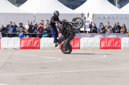 MINSK, BELARUS - APRIL 24, 2016 HOG. Harley Owners Group opening driving season show. Man stunt riding with black Harley Davidson motor bike.のeditorial素材