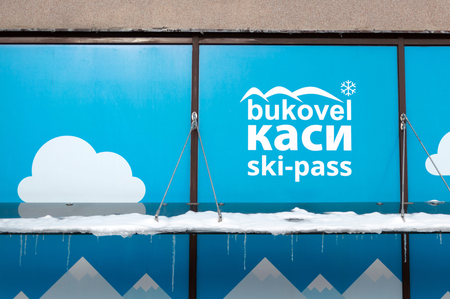 BUKOVEL, UKRAINE - FEBRUARY 28, 2018 Close up view of the Bukovel ski resort logotype, Bukovel, Ukraineのeditorial素材