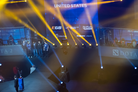 MINSK, BELARUS - JANUARY 17, 2016 Starladder iLeague championship Dota 2 and Counter Strike Global Offensive. Evil Genius Dota 2 team standing on the stage before the competition.のeditorial素材