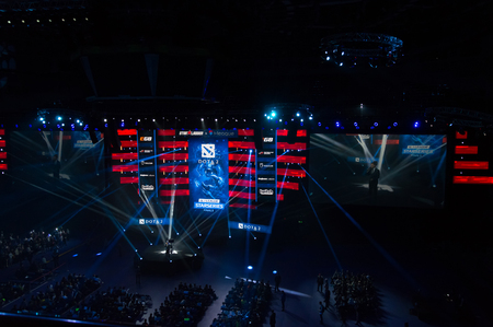 MINSK, BELARUS - JANUARY 17, 2016 Starladder iLeague championship Dota 2 and Counter Strike Global Offensive. The broadcaster announcing the beginning of the battle.のeditorial素材