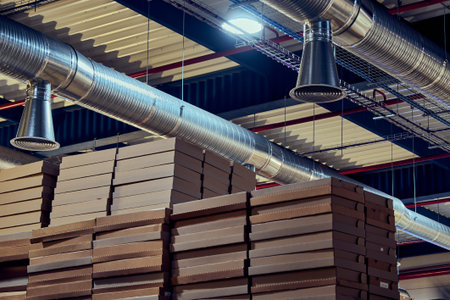 Close-up view of the air duct work in the warehouse