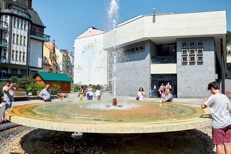 KARLOVY VARY, CZECH REPUBLIC - AUGUST 04, 2018 Side view of the Hot Spring, the 1st mineral spring in Karlovy Varyのeditorial素材