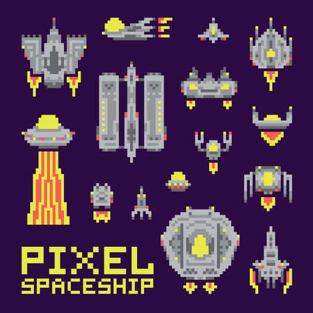 Spaceship isolated vector set pixel art styleのイラスト素材