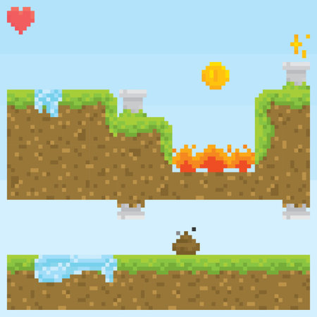 Pixel art style game level vector assets objects set