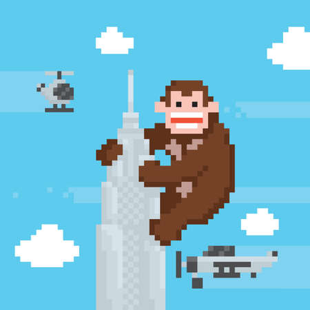Gorilla on a top of skyscraper old school pixel art vector illustrationのイラスト素材