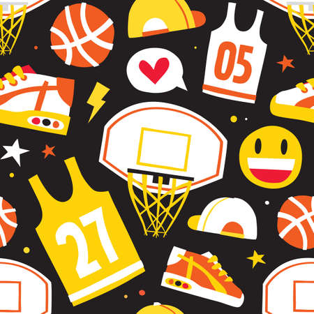 Basketball hand drawn cartoon objects seamless vector pattern blackのイラスト素材