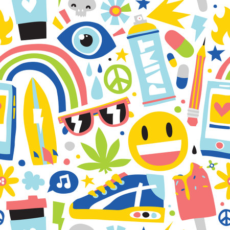 Summer vibes cartoon hipster objects seamless vector pattern