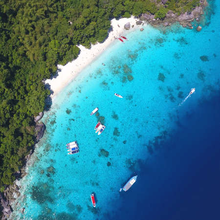 Similan Island Aerial View From Above. White Sandy Honeymoon Beach. Andaman, Thailand. Travel, summer, vacation and tropical beach concept.の写真素材