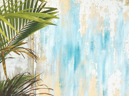Old Cracked Antique Vintage Historic House Wall and Palm Tree Leaf Branch. Tropical Exotic Thai Summer Tourist Travel Blue and Yellow Paint Background.の写真素材