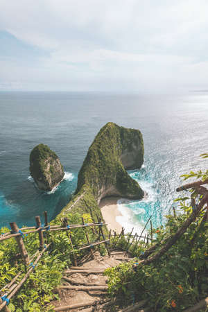 Stairs Path To Kelingking Beach from Karang Dawa View Point in Paradise Island Nusa Penida. Indonesia.の写真素材