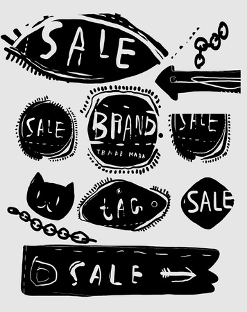 Symbolic image of silhouettes of labels that are located on a gray backgroundのイラスト素材