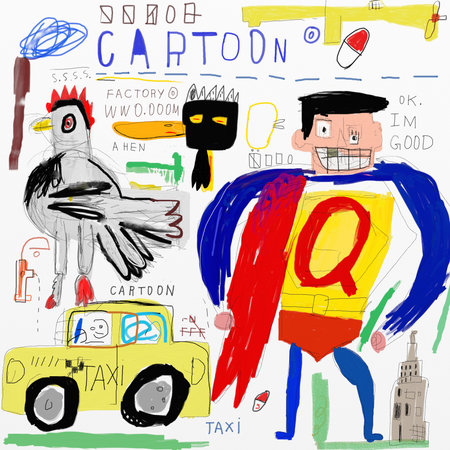 Symbolic image of a chicken, a man and a taxi in a childlike style