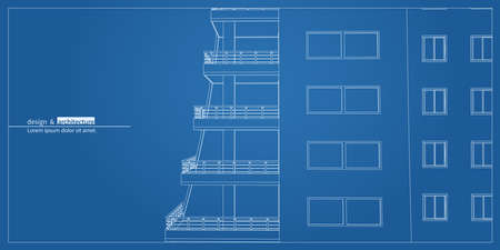 Urban skyscraper. Abstract 3D render of building wire frame structure. Vector construction graphic idea for template design.Modern Building.Perspective city view, wide angle.のイラスト素材