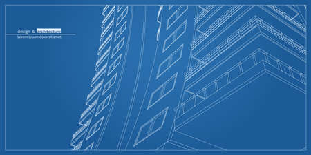 Urban skyscraper. Abstract 3D render of building wire frame structure. construction graphic idea for template design.Modern Building.Perspective city view, wide angle.のイラスト素材