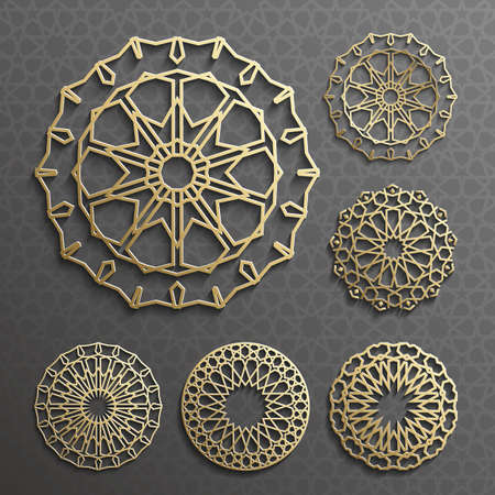 ornament , Persian motif . 3d round pattern elements . Geometric icon template set. Circular ornamental arabic symbols .のイラスト素材