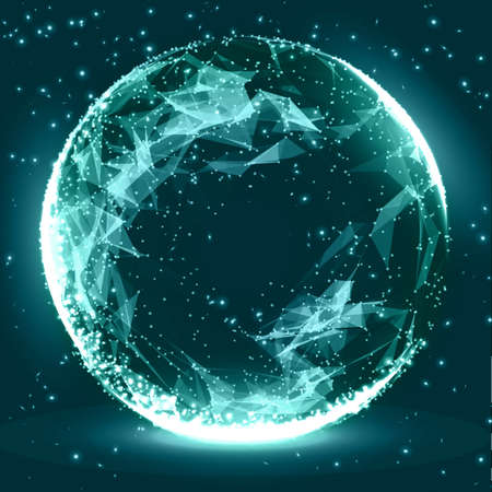 Abstract 3d Illuminated distorted Mesh Sphere . Neon Sign . Futuristic Technology HUD Element . Elegant Abstract Destroyed Sphere .のイラスト素材