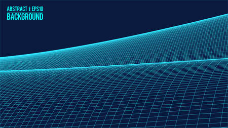 Wavy linear monochrome procedural terrain. Striped digital extraterrestrial landscape. Trendy wireframe cybernetic mountains. Modern illustration for a background. Element of design.のイラスト素材