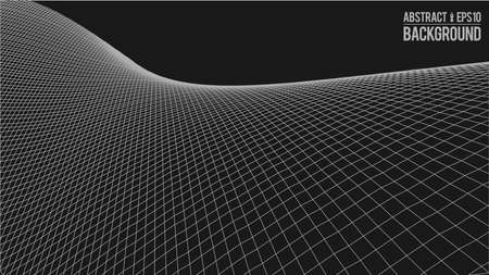 Wavy linear monochrome procedural terrain. Striped digital extraterrestrial landscape. Trendy wireframe cybernetic mountains. Modern illustration for a background.のイラスト素材