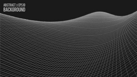 Wavy linear monochrome procedural terrain. Striped digital extraterrestrial landscape. Trendy wireframe cybernetic mountains. Modern illustration for a background.のイラスト素材