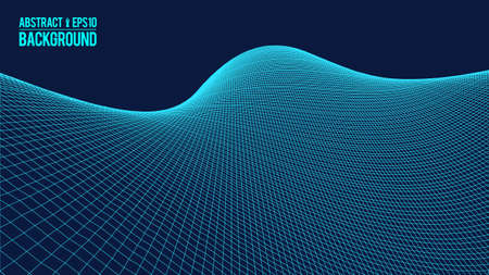 Wavy linear monochrome procedural terrain. Striped digital extraterrestrial landscape. Trendy wireframe cybernetic mountains. Modern illustration for a background. Element of design.のイラスト素材