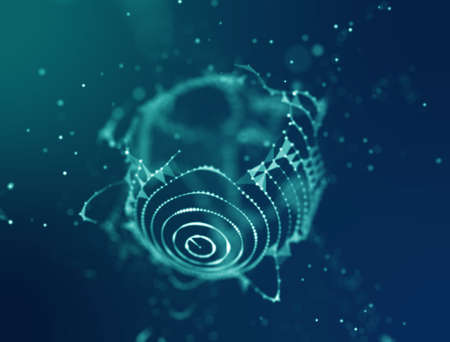 Abstract 3d Illuminated distorted Mesh Sphere . Neon Sign . Futuristic Technology HUD Element . Elegant Abstract Destroyed Sphere . Big data visualization .の写真素材