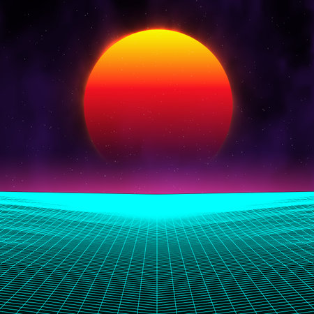 Retro background futuristic landscape 1980s style. Digital retro landscape cyber surface. Retro...