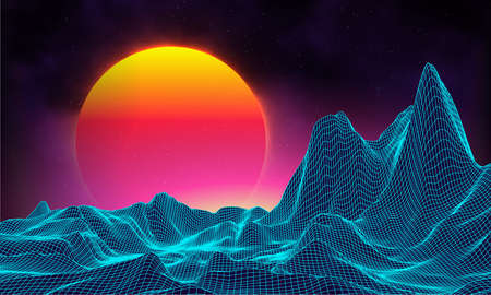 Retro background futuristic landscape 1980s style. Digital retro landscape cyber surface. Retro music album cover template : sun, space, mountains . 80s Retro Sci-Fi Background Summer Landscape.のイラスト素材