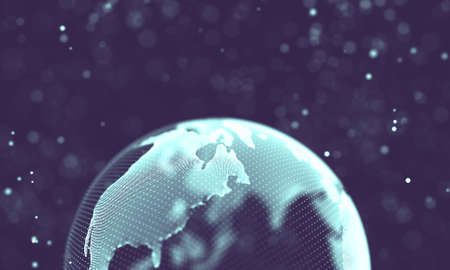 Data technology abstract futuristic illustration . Low poly shape with connecting dots and lines on dark background. 3D rendering . Big data visualization .の写真素材