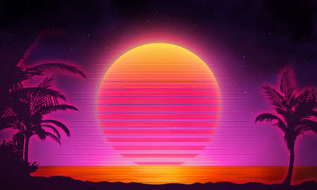 Retro background futuristic landscape 1980s style. Digital retro landscape cyber surface. 80s party background . Retro 80s fashion Sci-Fi Background Summer Landscape.のイラスト素材