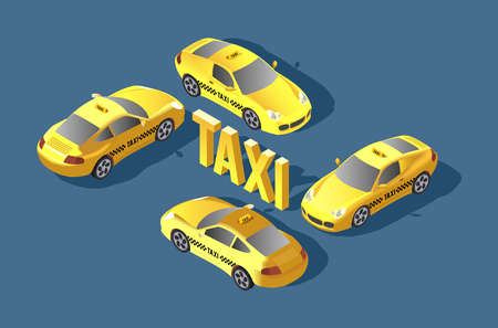 Yellow sedan car. Taxi transport, service. Infographics and game design concept. Taxi car design. Flat 3d isometric vector illustration.のイラスト素材