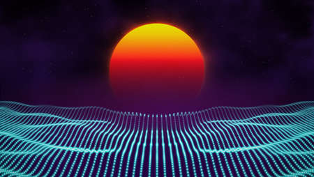 Retro background futuristic landscape 1980s style. Digital retro landscape cyber surface. 80s party background . Retro 80s fashion Sci-Fi Background Summer Landscape.のイラスト素材
