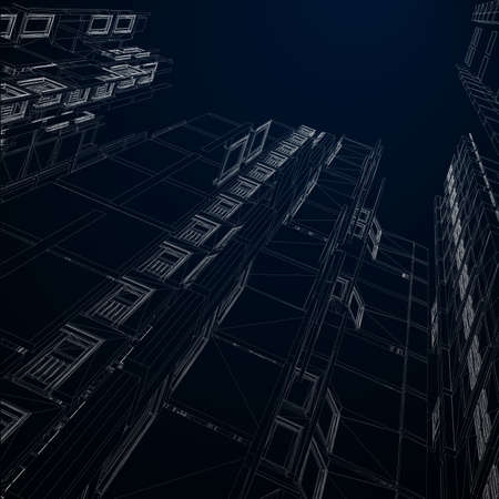 Modern architecture wireframe. Concept of urban wireframe. Wireframe building illustration of architecture CAD drawing.のイラスト素材