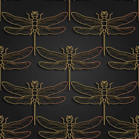 Dragonfly pattern, black gold pattern design. Vector illustration. Seamless pattern with dragonflyのイラスト素材