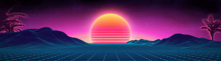 Retro background futuristic landscape 1980s style. Digital retro landscape cyber surface. 80s party background . Retro 80s fashion Sci-Fi Background Summer .のイラスト素材