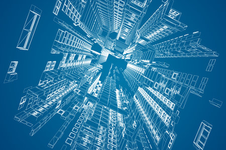 Modern architecture wireframe. Concept of urban wireframe. Wireframe building illustration of...