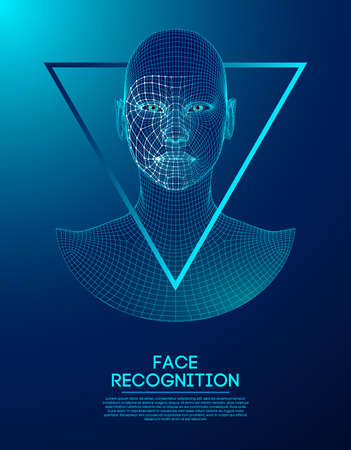 Robot blue eyes android with detailed iris and pupil. Facial recognition concept with sensor and face identity. 3D scanning.のイラスト素材
