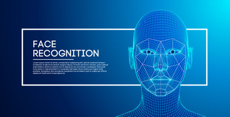 Robot blue eyes android with detailed iris and pupil. Facial recognition concept with sensor and...