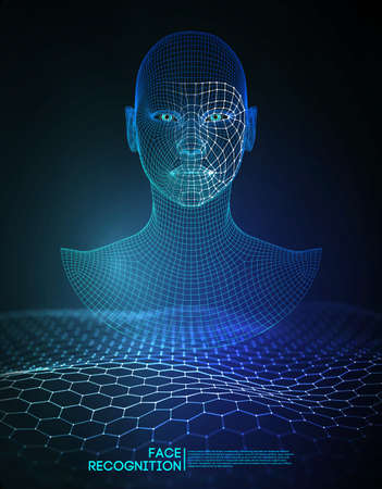 Robot blue eyes android with detailed iris and pupil. Facial recognition concept with sensor and face identity. 3D scanning.のイラスト素材