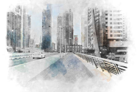 Dubai marina, United Arab Emirates. Sunrise over modern city skyline.の写真素材