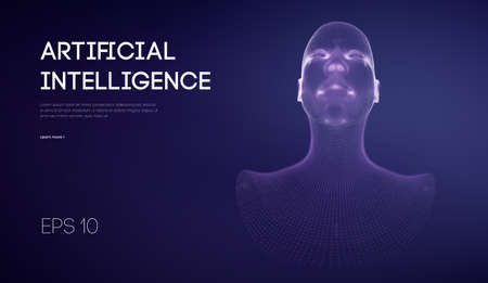 Ai digital brain. Artificial intelligence concept. Human head in robot digital computer interpretation. Wireframe head concept.のイラスト素材