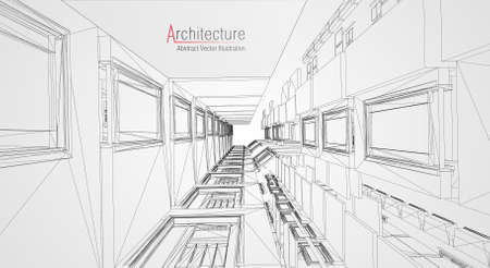 Modern architecture wireframe. Concept of urban wireframe. Wireframe building illustration of architecture CAD drawing.のイラスト素材