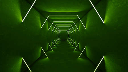 Night club interior green lights 3d render for laser show. Glowing green lines.の写真素材