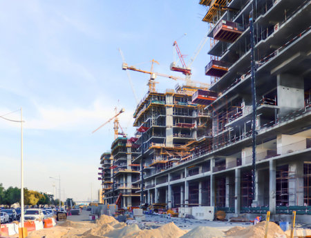 Dubai, UAE December 25/2018 Construction site on blue background. Skyline, cityscape. Urban...